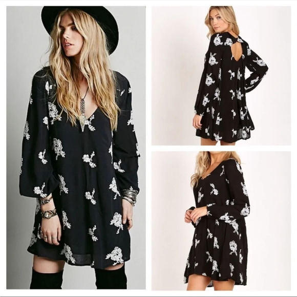 Free People Emma’s Dress Embroidered Gauzy Swing Dress Black White Floral Sz XS - Picture 1 of 8